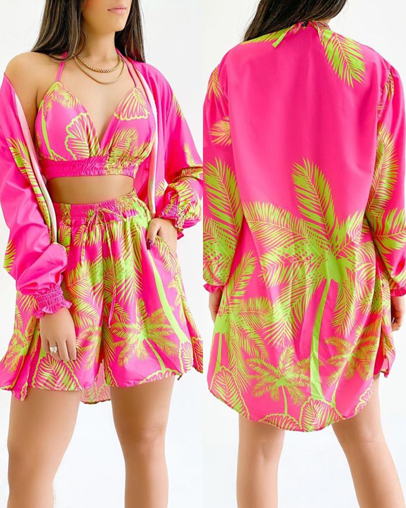 Tropical Print Cold Shoulder Spaghetti Strap Shirt and Shorts Set with Tank, women Two-piece Sets, ChicMe catalog