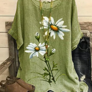 Vintage Floral Crew Neck Three Quarter Sleeve T-shirt, T-shirts, color:Aqua|size:4XL, catalog Noracora shop