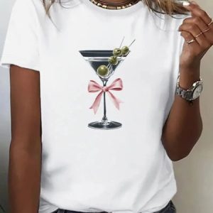 Casual Champagne Glass Pattern Crew Neck Short Sleeve T-shirt, T-shirts, color:White|size:4XL, catalog Noracora shop