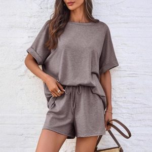 Women Plain Pocket Stitching Dolman Sleeve Two-Piece Set Daily Half Sleeve Casual Summer Top With Pants Matching Set, JustFashionNow Suit Set, color:Taupe|size:XL,