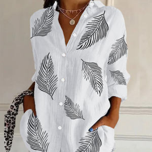 Women Feather Long Sleeve Shirt Spring/Fall Buckle Shirt Collar Daily Casual Top, JustFashionNow Shirts, color:White|size:XXL,