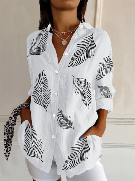 Women Feather Long Sleeve Shirt Spring/Fall Buckle Shirt Collar Daily Casual Top, JustFashionNow Shirts, color:White|size:XXL,