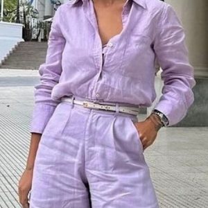 Plus Size Cotton And Linen Urban Plain Shirt, Plus Tops, color:Purple|size:4X, Stylewe
