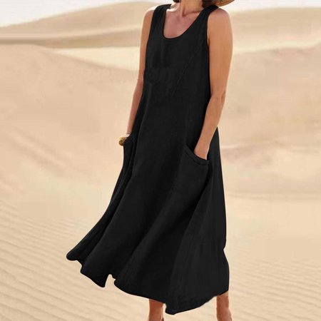 Women Plain Sleeveless Summer Split Joint Dress Crew Neck Daily Casual Maxi Fit & Flare Dress A-Line Dress, JustFashionNow Dresses, color:Black|size:5XL,