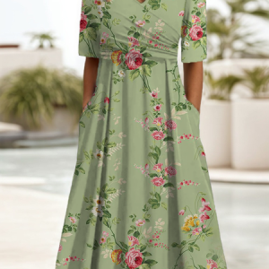 Women Floral Short Sleeve Summer Printing Dress V Neck Daily Casual Maxi A-Line Dress, JustFashionNow Casual Dresses, color:Green|size:XXL,