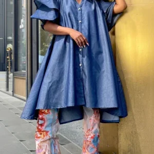Faux Denim Casual Plain Distressing Shirt Collar Midi Dress, Midi Dresses, color:Blue|size:XXL, Stylewe