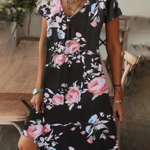 Women Floral Short Sleeve Summer Printing Dress V Neck Daily Casual Knee Length T-Shirt Dress H-Line Dress, JustFashionNow Casual Dresses, color:Black|size:XXL,