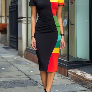 Elegant Color Block Printing Mock Neck Dress, Midi Dresses, color:Black|size:XXL, Stylewe