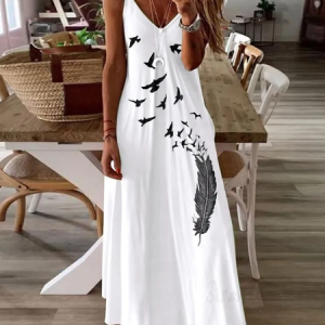 Women Bird Sleeveless Summer Printing Dress V Neck Daily Casual Maxi Slip Dress X-Line Dress, JustFashionNow Casual Dresses, color:White|size:5XL,