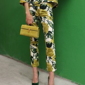 Elegant Floral Printing Slim Fit Pants, Pants, color:Green|size:XXL, Stylewe