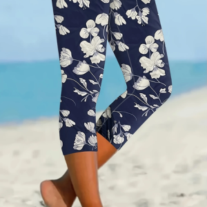Women Floral Capris Elastic Waist Pants Casual Summer Trousers, JustFashionNow Leggings, color:Purplish Blue|size:XXL,