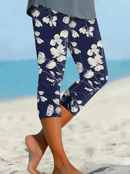 Women Floral Capris Elastic Waist Pants Casual Summer Trousers, JustFashionNow Leggings, color:Purplish Blue|size:XXL,