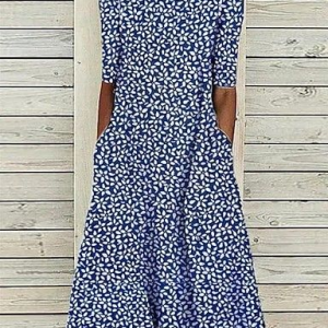 Women Floral Half Sleeve Summer Printing Dress Crew Neck Daily Casual Maxi A-Line Dress, JustFashionNow Casual Dresses, color:Purplish Blue|size:5XL