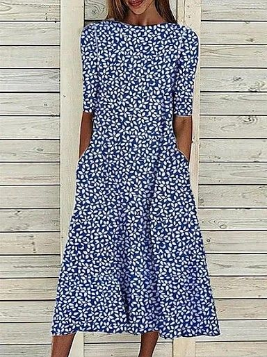 Women Floral Half Sleeve Summer Printing Dress Crew Neck Daily Casual Maxi A-Line Dress, JustFashionNow Casual Dresses, color:Purplish Blue|size:5XL