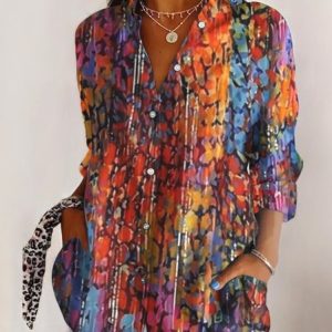 Women Geometric Long Sleeve Shirt Spring/Fall Shirt Collar Daily Casual Top, JustFashionNow Blouses, color:Orange Red|size:4XL,