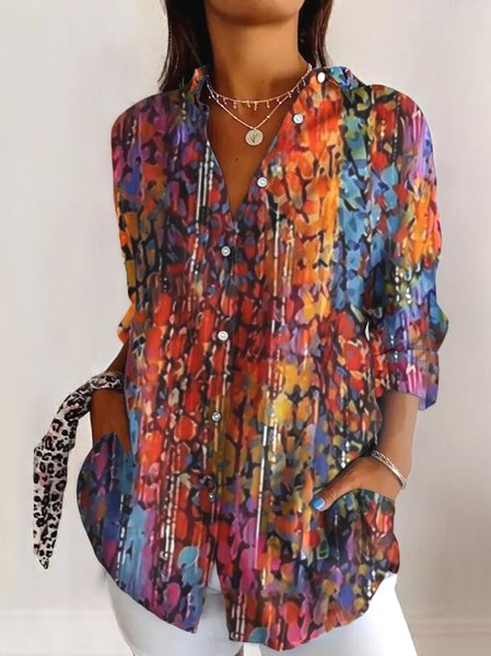 Women Geometric Long Sleeve Shirt Spring/Fall Shirt Collar Daily Casual Top, JustFashionNow Blouses, color:Orange Red|size:4XL,