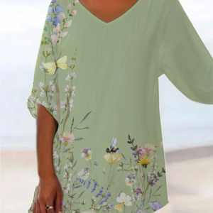 Women Floral Short Sleeve Shirt Summer Printing V Neck Daily Casual Top, JustFashionNow Blouses, color:Green|size:3XL,