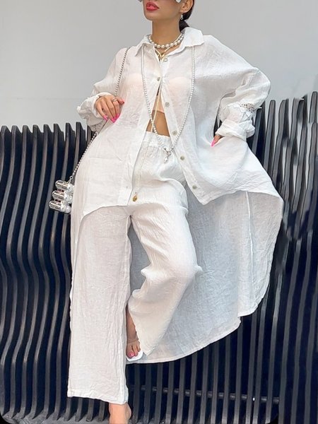 Linen Blend Casual Plain Lace Shirt Collar Shirt, Blouses and Shirts, color:White|size:XXL, Stylewe