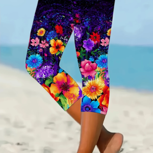 Casual Floral Capris Elastic Waist Printing Pant, Leggings, color:Multicolor|size:XXL, catalog Noracora shop
