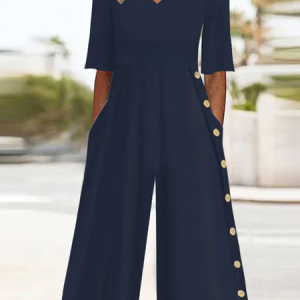 Women Plain V Neck Half Sleeve Casual Summer Jumpsuit, JustFashionNow Jumpsuits＆Rompers, color:Purplish Blue|size:4XL,