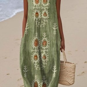 Women Ethnic Summer Dress Crew Neck Sleeveless A-Line Dress, Dresses, color:Green|size:4XL, catalog Noracora shop
