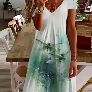 Women Dragonfly Short Sleeve Summer Printing Dress V Neck Daily Casual Midi Fit & Flare Dress A-Line Dress, JustFashionNow Casual Dresses, color:Green|size:5XL,