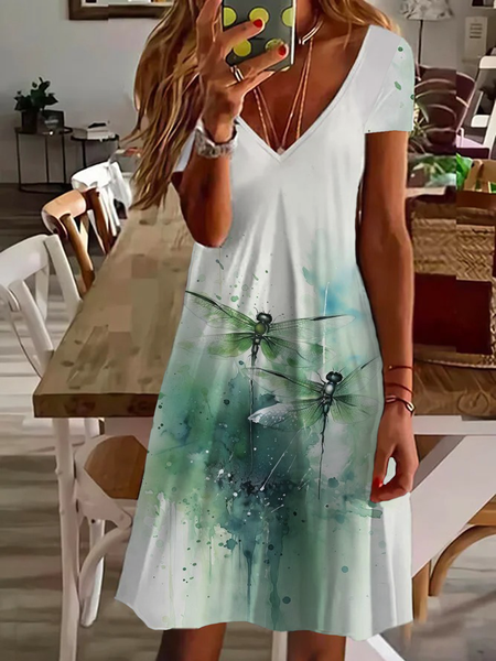 Women Dragonfly Short Sleeve Summer Printing Dress V Neck Daily Casual Midi Fit & Flare Dress A-Line Dress, JustFashionNow Casual Dresses, color:Green|size:5XL,