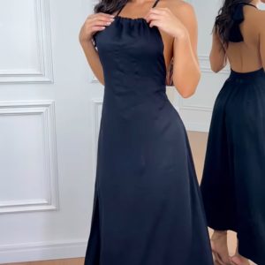Halter Sleeveless Backless Maxi Dress Casual Shirred Back Side Slit Vacation Dress, women Maxi Dresses, ChicMe catalog