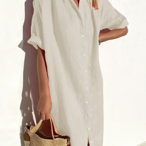 Women's Plain Half Sleeve Summer Printing Dress Shirt Collar Daily Casual Maxi Shirt Dress H-Line Dress, JustFashionNow Shirt Dresses, color:Apricot|size:XXL,