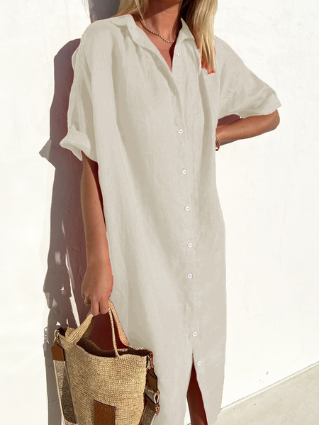 Women's Plain Half Sleeve Summer Printing Dress Shirt Collar Daily Casual Maxi Shirt Dress H-Line Dress, JustFashionNow Shirt Dresses, color:Apricot|size:XXL,