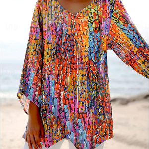 V Neck Long Sleeve Geometric Regular Loose Blouse For Women, Blouses, color:Orange|size:3XL, catalog Noracora shop