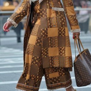 Urban Geometric Wide Leg Pants, Pants, color:Brown|size:XXL, Stylewe