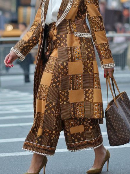 Urban Geometric Wide Leg Pants, Pants, color:Brown|size:XXL, Stylewe