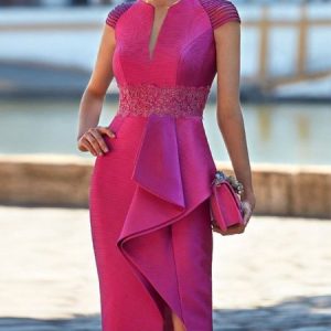 Elegant Split Joint Notched Knee Length Party Dress, Midi Dresses, color:As Picture|size:XXL, Stylewe