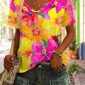 Women Floral Short Sleeve Tee T-shirt V Neck Casual Summer Top, JustFashionNow T-Shirts, color:As Picture|size:4XL,