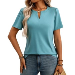 Casual Plain V Neck Short Sleeve T-shirt, T-shirts, color:Aqua blue|size:4XL, catalog Noracora shop