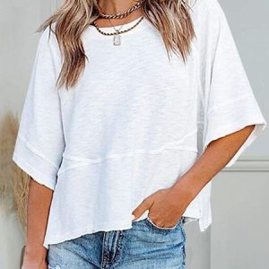 Women Plain Crew Neck Casual Three Quarter Sleeve T-shirt, Tees & T-shirts, Roselinlin - Online Catalog