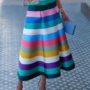 Elegant Printing Striped Maxi Skirt With Belt, Skirts, color:As Picture|size:XXL, Stylewe