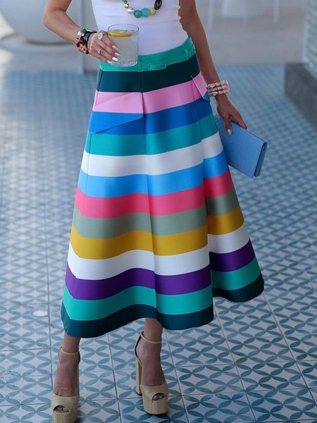 Elegant Printing Striped Maxi Skirt With Belt, Skirts, color:As Picture|size:XXL, Stylewe