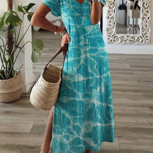 Women Abstract Short Sleeve Summer Printing Dress V Neck Daily Casual Maxi T-Shirt Dress X-Line Dress, JustFashionNow Casual Dresses, color:Blue|size:3XL,
