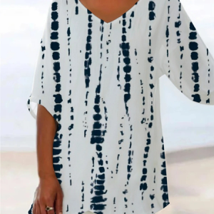 Women Striped Short Sleeve Shirt Summer Printing V Neck Daily Casual Top, JustFashionNow Blouses, color:White|size:3XL,