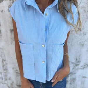 Women Plain Short Sleeve Shirt Summer Buckle Shawl Collar Daily Casual Top, JustFashionNow Blouses, color:Sky Blue|size:3XL,