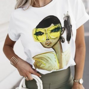 Casual Abstract Printing Crew Neck  T-shirt, Tees, color:White|size:XXL, Stylewe
