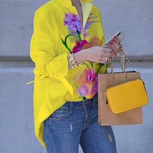 Casual Floral Printing Loosen Shirt, Blouses and Shirts, color:Yellow|size:XXL, Stylewe