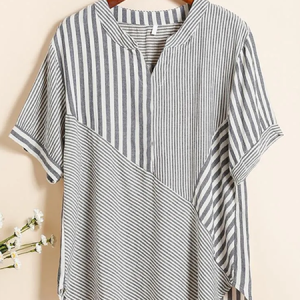 Shawl Collar Half Sleeve Striped Regular Loose Blouse For Women, Blouses, color:Gray|size:4XL, catalog Noracora shop