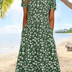Women Floral Half Sleeve Summer Printing Dress Crew Neck Daily Casual Maxi A-Line Dress, JustFashionNow Casual Dresses, color:Green|size:5XL,