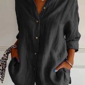 Women's Long Sleeve Shirt Spring/Fall Plain Cotton Shirt Collar Daily Going Out Casual Top, JustFashionNow Shirts, color:Black|size:5XL,