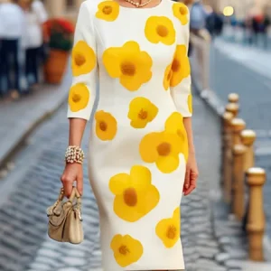 Elegant Floral Printing Crew Neck Knee Length Dress, Midi Dresses, color:Yellow|size:XXL, Stylewe