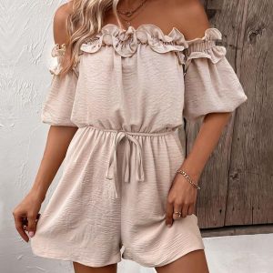 Off Shoulder Short Sleeve Frill Hem Tied Detail Romper, women Jumpsuits, ChicMe catalog