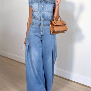 Casual Pockets Plain Shawl Collar Denim Jumpsuit, Jumpsuits, color:As Picture|size:XXL, Stylewe